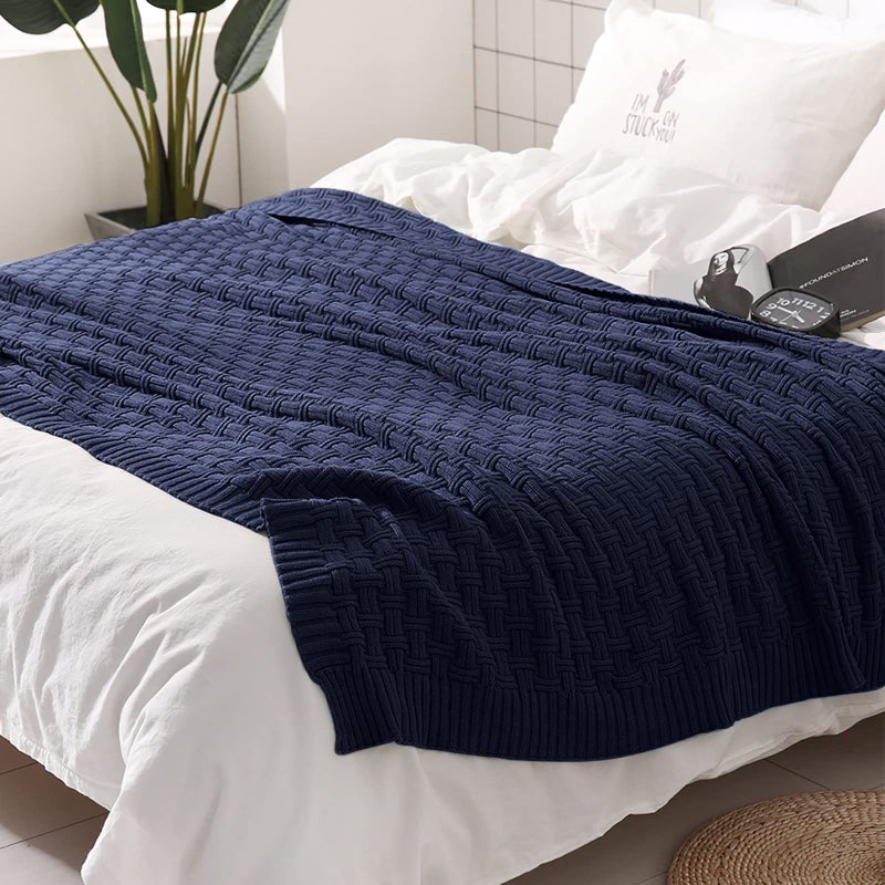 TREELY 100% Cotton Knitted Throw Blanket Couch Cover Blanket(60 x 80 Inches, Navy Blue) - Image 4